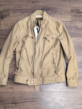 Rare Early Superdry Premium Military Moto Jacket – Tan Cotton Canvas – Slim Fit